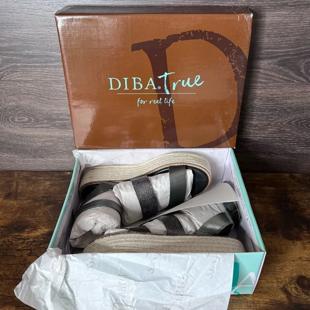 Diba True Day Line Leather Espadrille Sandal, Gunmetal Black, Size 7.5. New!